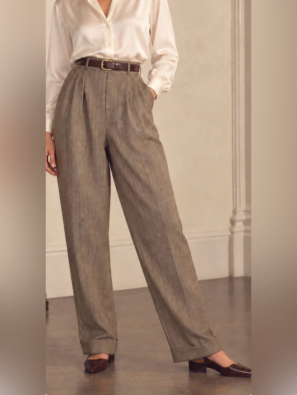 Vintage Lauren Ralph Lauren Wool Herringbone Pleated Trousers 14